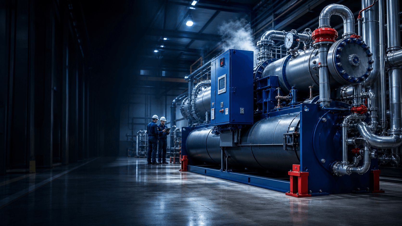 Industrial cooling equipment being inspected on a modern factory floor